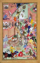 Akbar császár (1556-1605) az 1584-ben elkészült Fatehpur Sikri város építési munkálatait az Akbarnamából, 1590-98 (átlátszatlan wc és arany papíron) vizsgálja