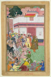 Fatehpur Sikri, 1573: Hussain Quli Khan-i Jahan bemutatja foglyait Akbar császárnak (ur. 1556-1605), az Abul Fazi által készített Akbarnamából, 1590-98 (átlátszatlan wc és arany papíron)