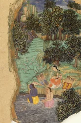 Rama és Lakshmana vizet kínálnak halott apjuknak a Mandakini folyó partján, 1595 körül
