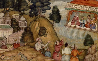 Falusiak tisztelegve egy férfi és családja előtt, akik egy koszorús verandán ülnek, 1585 körül