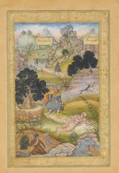 Egy muszlim zarándok jámbor leckét tanul egy brahmantól, folio egy khamszától..., 1597-98