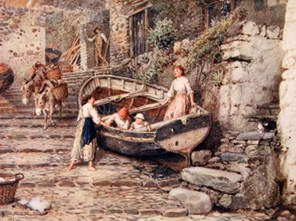 Clovelly látképe, partra vetett hajóval és figurákkal, 1882
