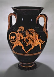 Tetőtéri vörös alakos hasamfora, amely Antiope elrablását ábrázolja Theseusszal és Pirithousszal, ie 500-490 körül (kerámia)