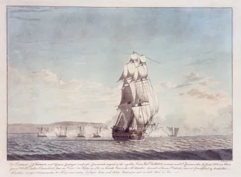 A 64 ágyús "Dictator" (1783) hajó dán ágyúnaszádok ellen, 1808. június 26., 1810 körül (színes litográfia)