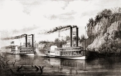 Gőzhajók versenyeznek a Mississippi folyón, USA.
