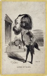 Alfred de Musset (1810-1857) francia költő és drámaíró portréja. Gaspard Felix Tournachon rajzfilmje Felix Nadarban (1820-1910).