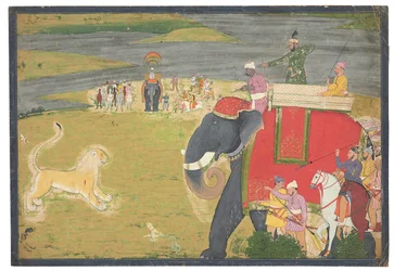 Raja Balwant Dev Singh egy oroszlán shikaaron, 1750 körül
