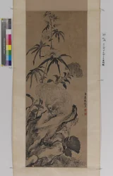 Rooster On Rock, Virágok között (tinta papíron)