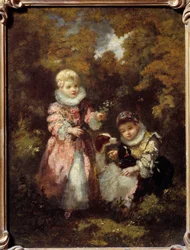 Gyermekek és kutyák Narcissus Diaz de la Pena (1807-1876) festménye (ec. de Barbizon) V. 0,32x0,24 m