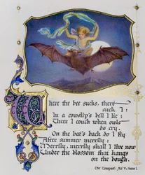 Egy Shakespeare szonetteket tartalmazó könyv illuminált lapja a Vihar egyik jelenetét ábrázolja.