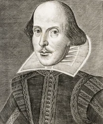 William Shakespeare portréja a Vígjátékok, történetek és tragédiák címlapján....