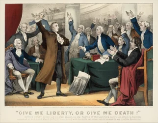 Adj szabadságot, vagy adj halált! - Patrick Henry nagy beszédét mondja a jogokról ..., 1876. Alkotók: Nathaniel Currier, James Merritt Ives, Currier and Ives.