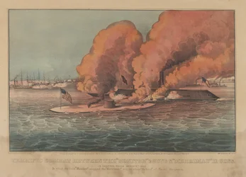 Remek harc a monitor között 2 Guns & Merrimac 11 Guns – Hampton Roads March..., 1862. Alkotók: Nathaniel Currier, James Merritt Ives, Currier és Ives.