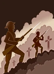 Első világháborús katonák szuronyokkal – lövészárokból előbukkanva