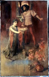 "Egy nő térdel egy kristálygömb előtt, mögötte egy férfi várakozik félelem és kíváncsiság keverékével. Nelly Erichsen (1882-1893 körül) festménye Magántulajdonban lévő gyűjtemény.