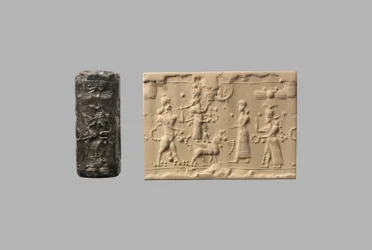 Hengerpecsét skorpióemberrel és modern lenyomattal, Kr.e. 8–7. század (kvarc, kriptokristályos)