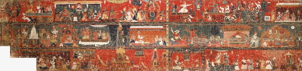 Egy nagy nepáli történelmi festmény, amely Vörös Avalokiteshvara legendájának egy változatát képviseli, 1712