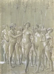 Öt meztelen katona rudat tartva, kettő sisakot viselő és három meztelen nő, 1522