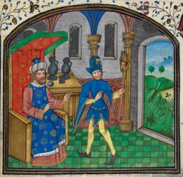 Harley 3000, f.189 Bolond a gazdájával, a Mildmay Master Órakönyvéből, 1460-70 körül (vellum)