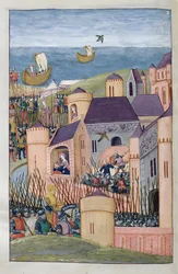 Ms 324 f.324 v. Minos ostromolja Megarát. Scylla alattomosan lenyírja apja haját, és elmenekül, Ovidius Metamorphoses 8-ából, 1479