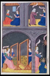 Ms 324 f.62 v. Arachné kihívja Pallast, és pókká válik, Ovidius Átváltozások 6. könyvéből, 1479