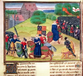 Royal 18 E.1, F.175 Wat Tyler halála Smithfieldben, Londonban, 1381-ben, a paraszti lázadás idején, illusztráció a „Chroniques de France et d