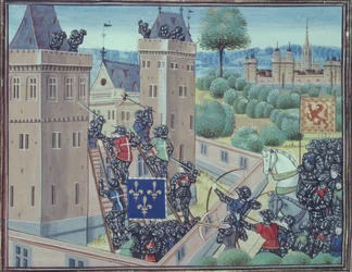 Royal 18 E.1 fol.345 Wark kastély elfoglalása a franciák és skótok által, Jean Froissart (kb. 1333-1404) „Chroniques de France et d