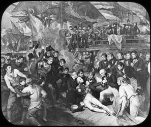 Lord Nelson admirális megsebesült az 1805-ös trafalgari csatában