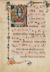 Kéziratos levél a Szűzanya mennybemenetelével V iniciáléban, egy antifóniából, kb. 1340.