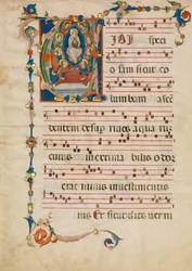 Kéziratos levél a Szűzanya mennybemenetelével V iniciáléban, egy antifóniából, kb. 1340