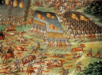A saint-quentini csata, amelyben a spanyolok 1557-ben, az itáliai háborúk során győzelmet arattak a franciák felett, részlet lovassági rohammal
