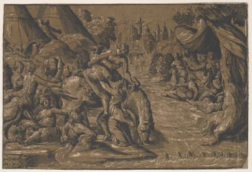 Középen Cloelia a római hős, akit lóra segítettek, a háttérben Róma,..., 1540-50