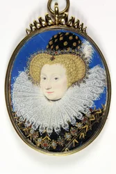 Egy hölgy, amelyet hagyományosan Anne-ként azonosítanak, Lady Hunsdon (akvarell és testfesték pergamen)