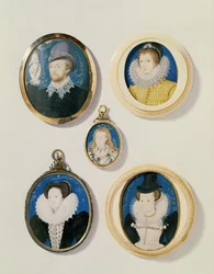 Miniatúrák, balról jobbra, T-től B-ig: Férfi egy felhőből származó kézzel; Ismeretlen fiatalember, 1588; Holland asszony 26 éves, 1593; Arabella Stuart, Lennox hercegnője; Ismeretlen hölgy.