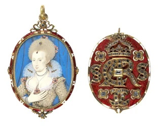 Anna dán királyné (1574-1619) portré miniatűrje ékkövekkel díszített borítóval, 1611 körül (pergamen, zománcozott aranykeret, asztali gyémántokkal kirakva) (lásd még 69710).