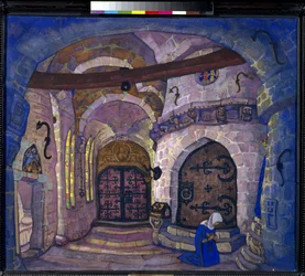 A kolostorban. A. Davydov Soeur Beatrice című operájának előkészítő dekorációja. Nicholas Roerich (1874-1947) munkája, tempera kartonon