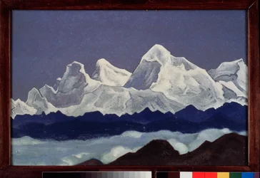 Mount Everest (Chomolungma) a Himalájában (Tibet). Nicolas (Nicholas) Roerich (1874-1947) festménye, tempera, vászon