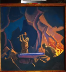 Nibelungen. Kovácsolj kardot. (Epizód a német mitológiából). Nicolas (Nicholas) Roerich (1874-1947) alkotása, tempera, vászon