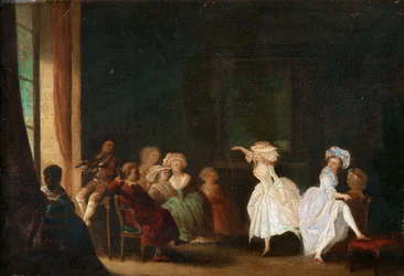 Niklas Lafrensen tánciskola, Nicolas Lavreince vagy Lavrince (1737-1807). Olaj, fa, méret: 26,5x40, , Magángyűjtemény