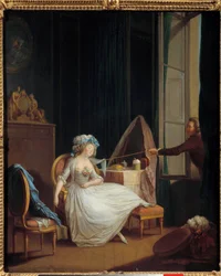 Komolytalan szerelem Egy férfi felfedezi egy fiatal nő mellkasát, aki a mellén alszik. Niklas Lavreince (1737-1807) festménye. 18. századi Párizs. Musee Cognacq Jay