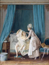 Hölgy kikászálódik az ágyból, 1776