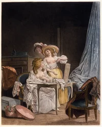 Az összehasonlítás. Két nő összehasonlítja mellei méretét. Nicolas Lavreince (1737-1807) metszete, 1782 körül.