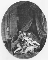 Valmont és Emilie, illusztráció Pierre Choderlos de Laclos (1741-1803) „Veszedelmes viszonyok” című művéből, Romain Girard (szül. kb. 1751) metszete, 1782