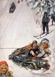 Lányok felborult szánon, Holmencollen, 1905