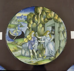 Orfeusz és Eurüdiké az alvilág kapujában, maiolika lemez, az urbinói Nicola Pellipario (1510-42), 1515 körül.