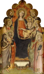 A Madonna és a gyermek, aki Keresztelő Jánossal, Péterrel, Mária Magdolnával, Pállal és Istvánnal trónol, egy női vértanú Szent és Angyalok,