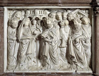 Jézus bemutatása a templomban, Nicola Pisano műve (1215/20-1278/84), 1260, a pisai Keresztelő Szent János-baptisztérium, Olaszország