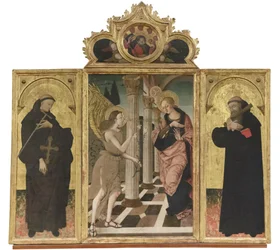 János Gualbert és Benedek hirdetés, 1500-05 körül (triptichon, tábla)