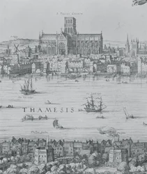 Panoráma Londonról és a Temzéről, részlet a második részből, amely bemutatja a Szent Pál-székesegyházat és a Globe Színházat, 1600 körül a 7214-es metszet részlete