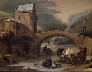 Téli táj parasztokkal és lovakkal a befagyott csatornán, egy erődhíd mellett, 1660-70 körül (olaj a táblán)